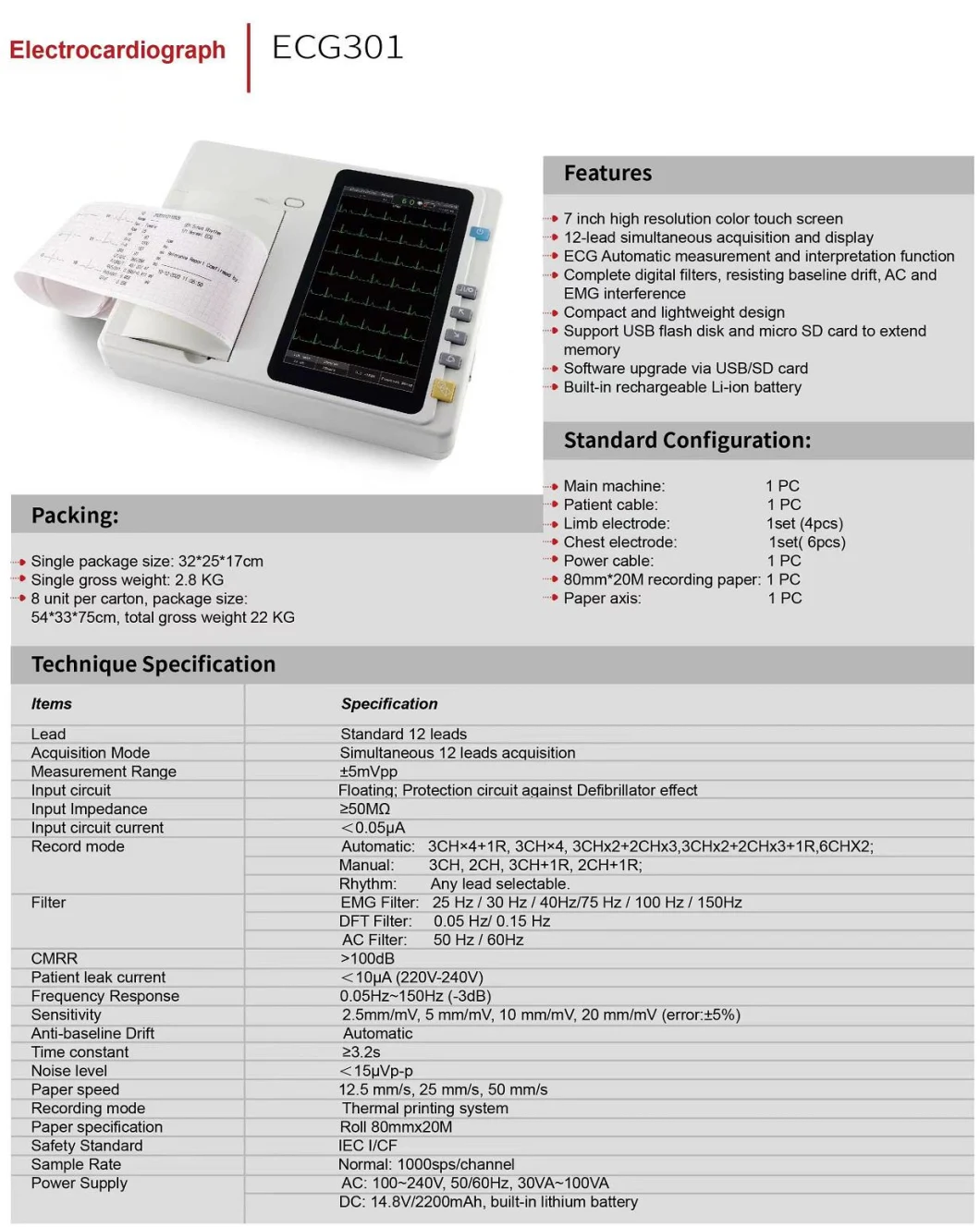 Hospital Medical Digital Electrocardiogram ECG Machine 3 Channel 12 Lead ECG EKG Machine for Sale